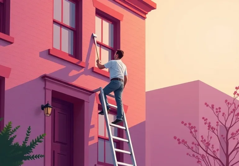 Peintre sur échafaudage traitant la façade d'une maison